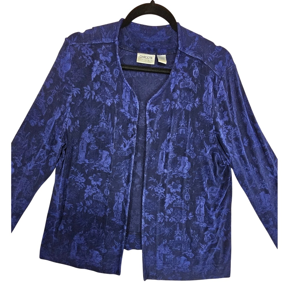 Chico's Travelers Cardigan Jacket L / 12  2 Top Asian Royal Blue Blazer Slinky